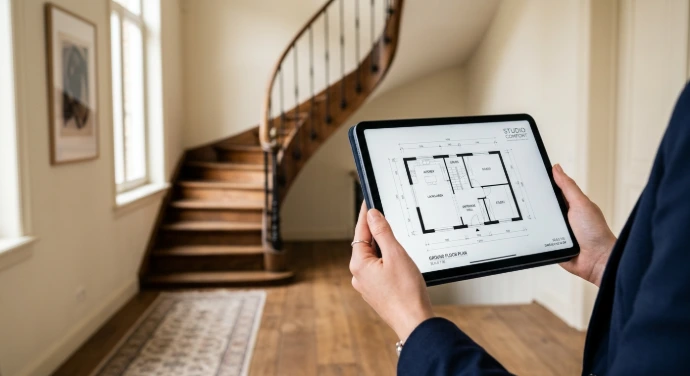 Analyse van het grondplan op tablet voor een levensloopbestendige woning