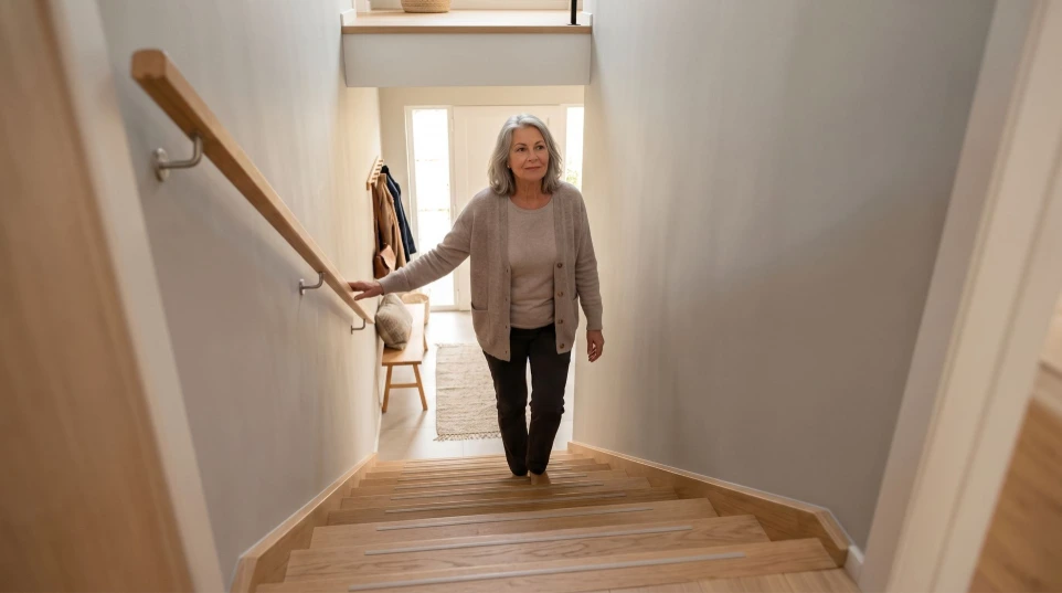 Vrouw loopt veilig de trap op met een stevige trapleuning