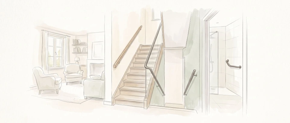 Illustratie van een aangepaste woning met trapleuning, steunbeugels en toegankelijke ruimtes