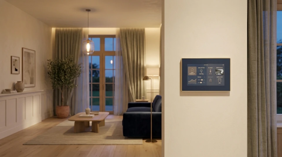Woonkamer met eenvoudig bedieningspaneel voor domotica en verlichting