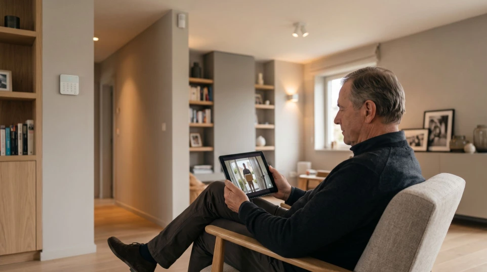 Man in zetel ziet via de video-intercom op zijn tablet wie er aanbelt