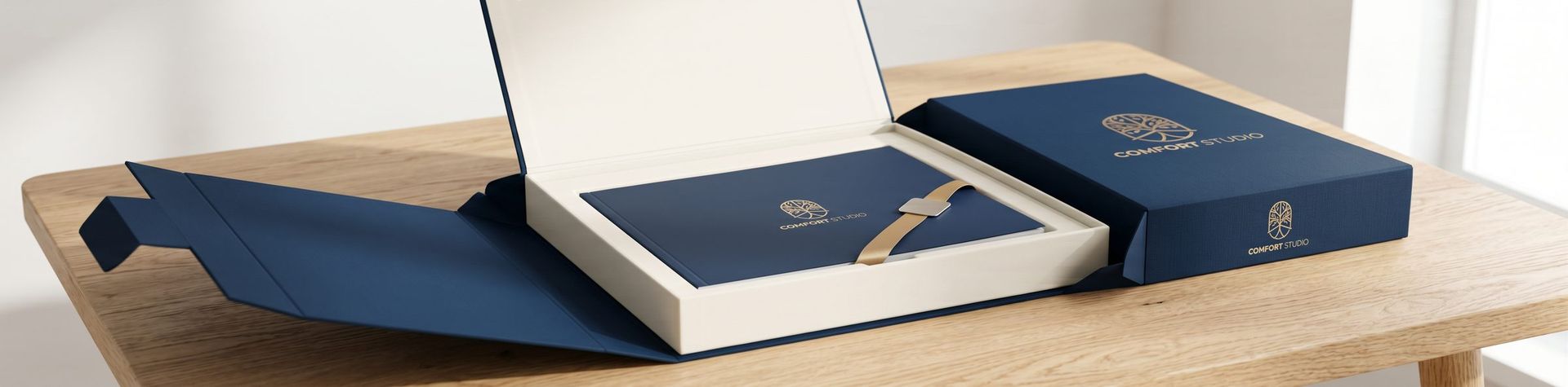 Het geprinte woningrapport van Comfort Studio in een premium geschenkdoos