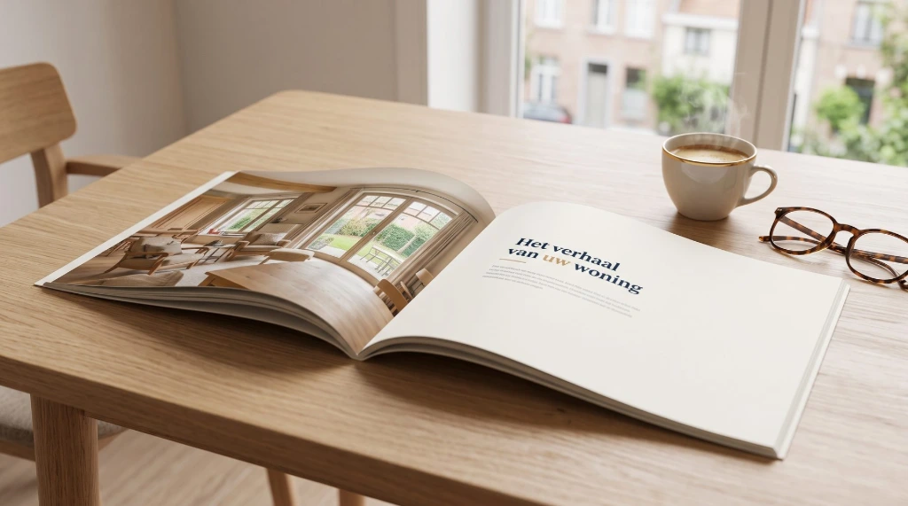 Opengeslagen woningrapport van Comfort Studio met een grote foto van de woning en de titel Het verhaal van uw woning